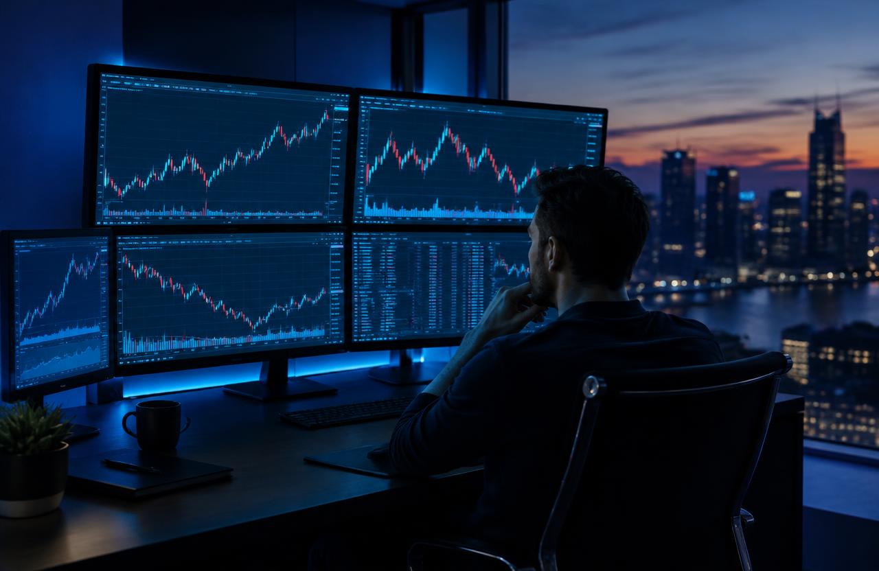 Illustrative trading desk with multiple screens